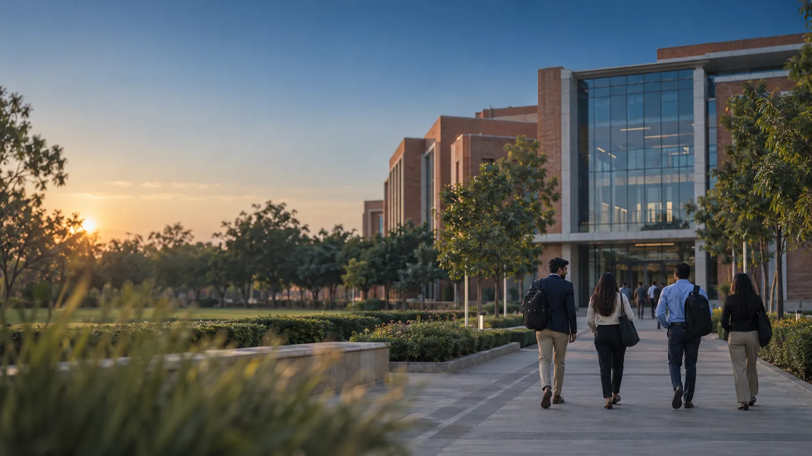 Students walking along a tree-lined campus walkway towards a glass-fronted academic building at sunset